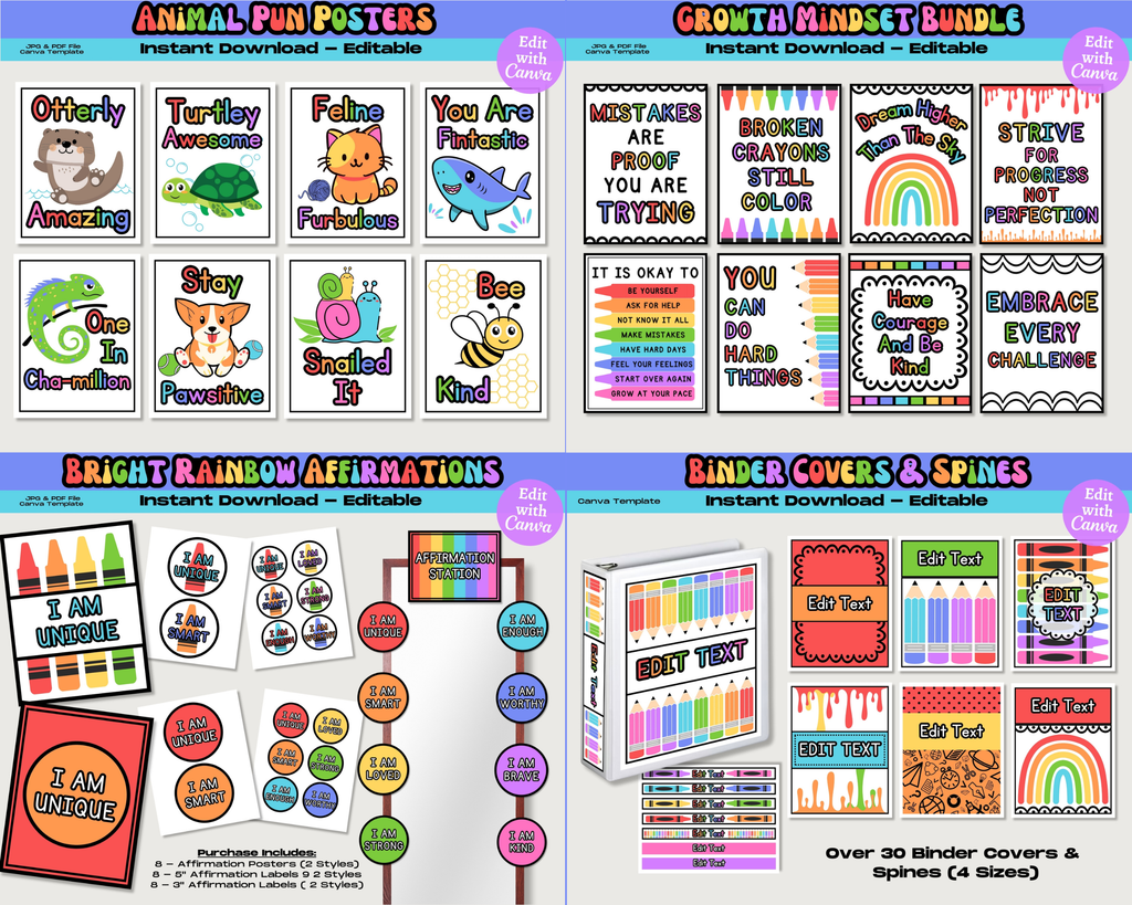 Bright Rainbow Classroom Decor Bundle: Editable Teacher Printables, School Supplies Decor Theme, Printable School Decorations, Canva Template