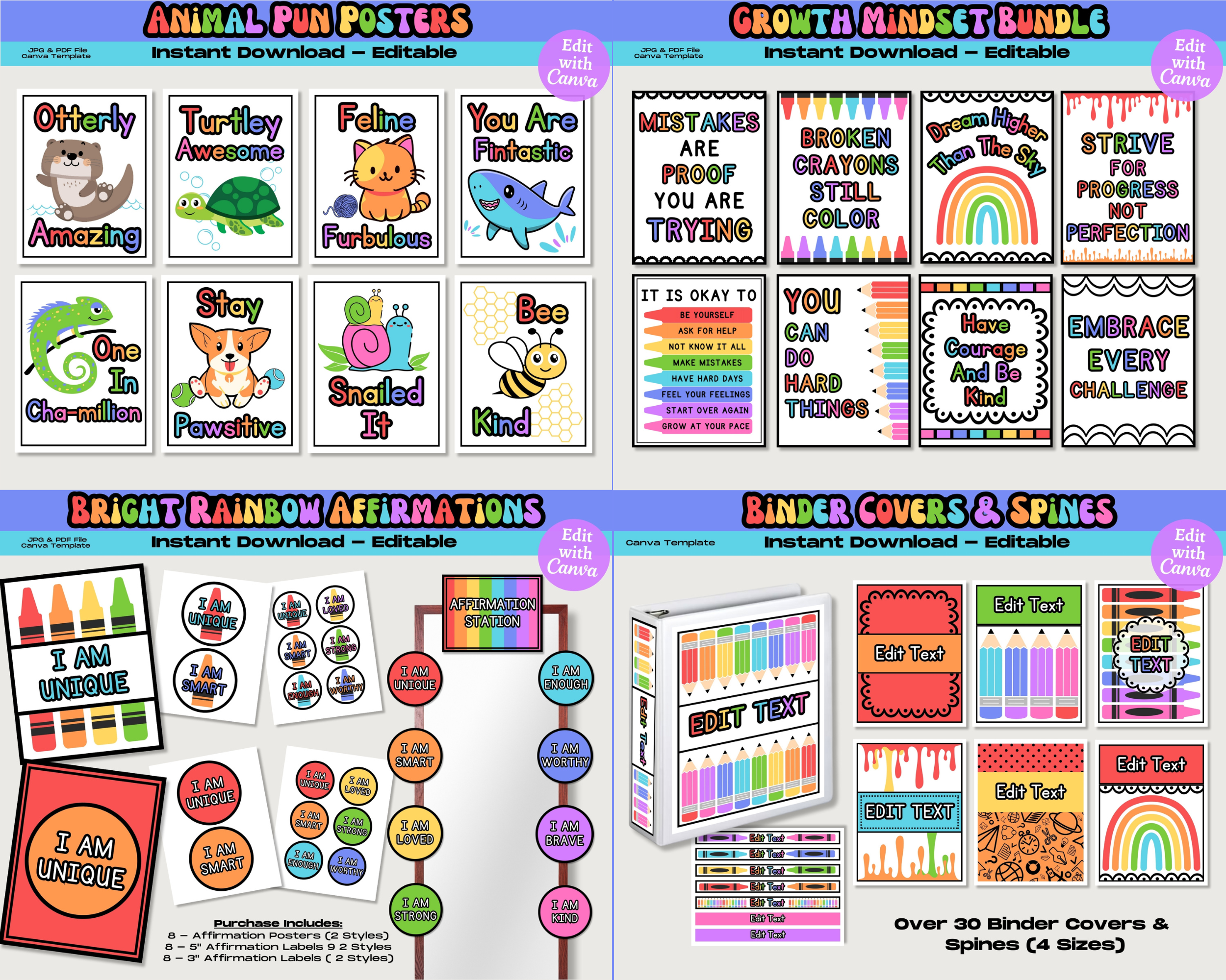Bright Rainbow Classroom Decor Bundle: Editable Teacher Printables, School Supplies Decor Theme, Printable School Decorations, Canva Template