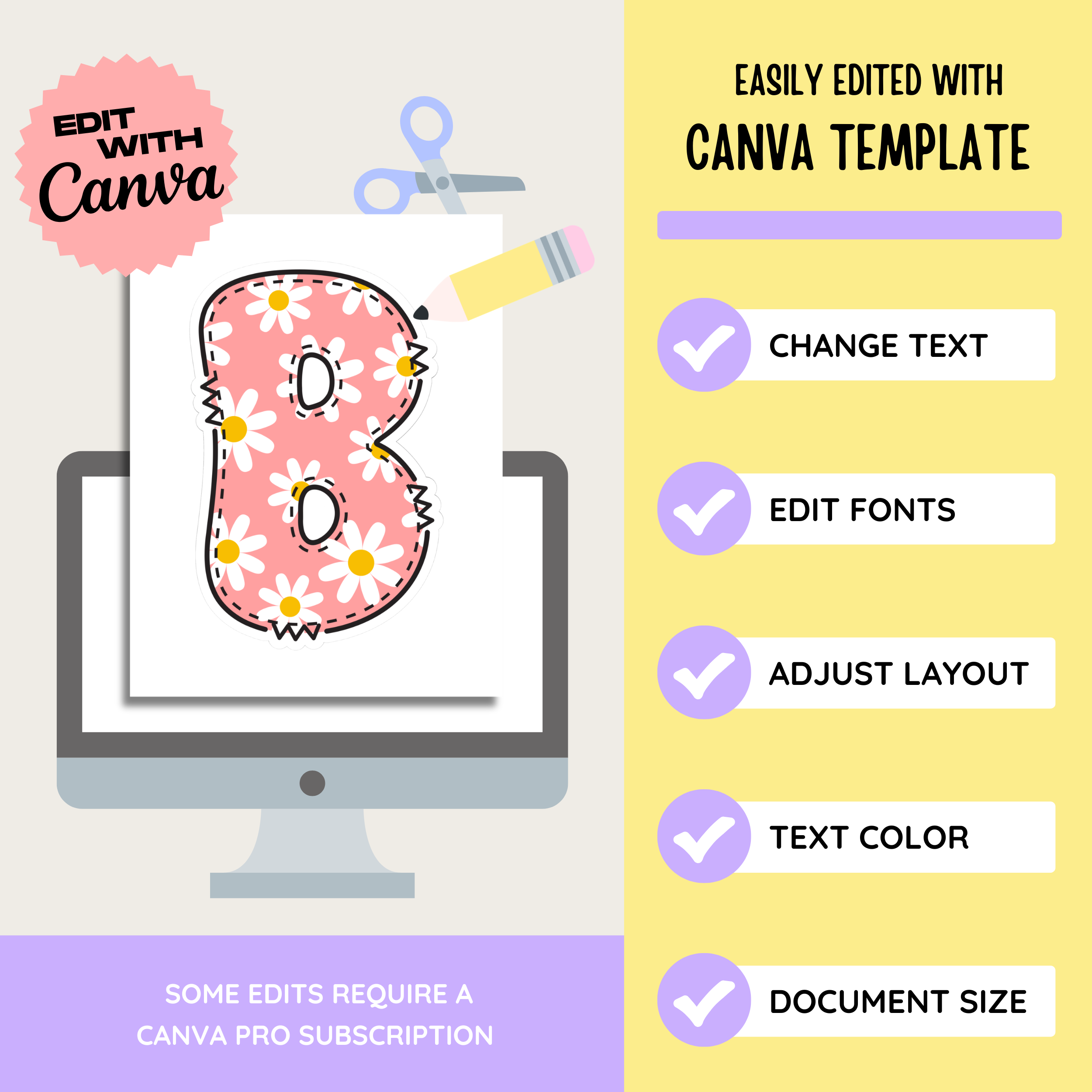 Blooming Daisy Pastel Summer Bulletin Board, Back To School Display Kit, Printable PDF, Canva Template