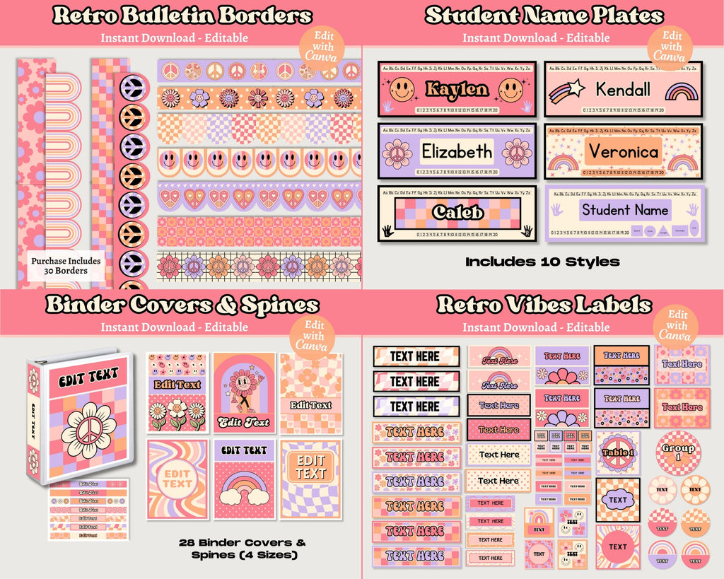 Retro Vibes Classroom Decor Bundle: Editable Teacher Templates (Canva), Pink Purple Orange Classroom Theme