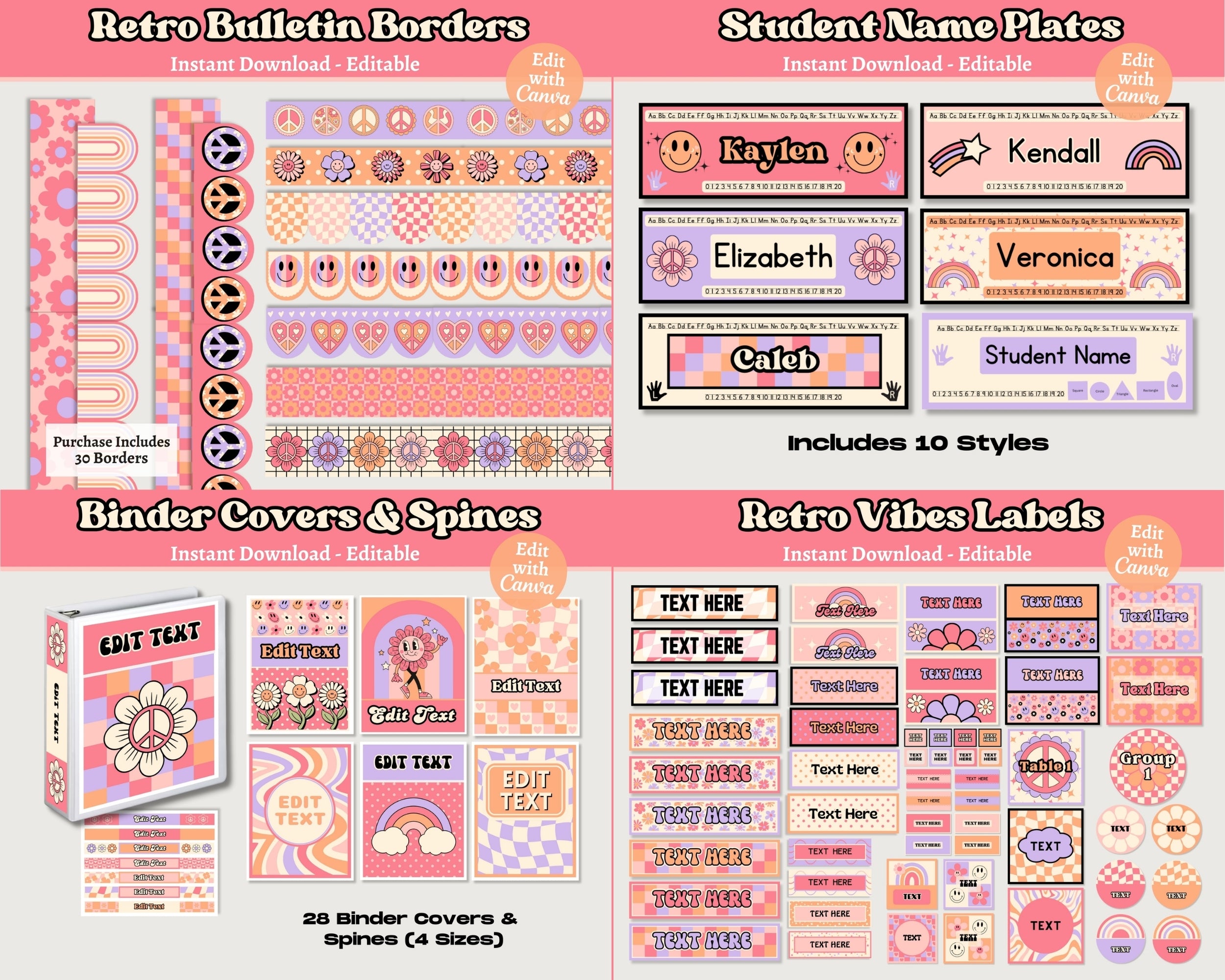 Retro Vibes Classroom Decor Bundle: Editable Teacher Templates (Canva), Pink Purple Orange Classroom Theme