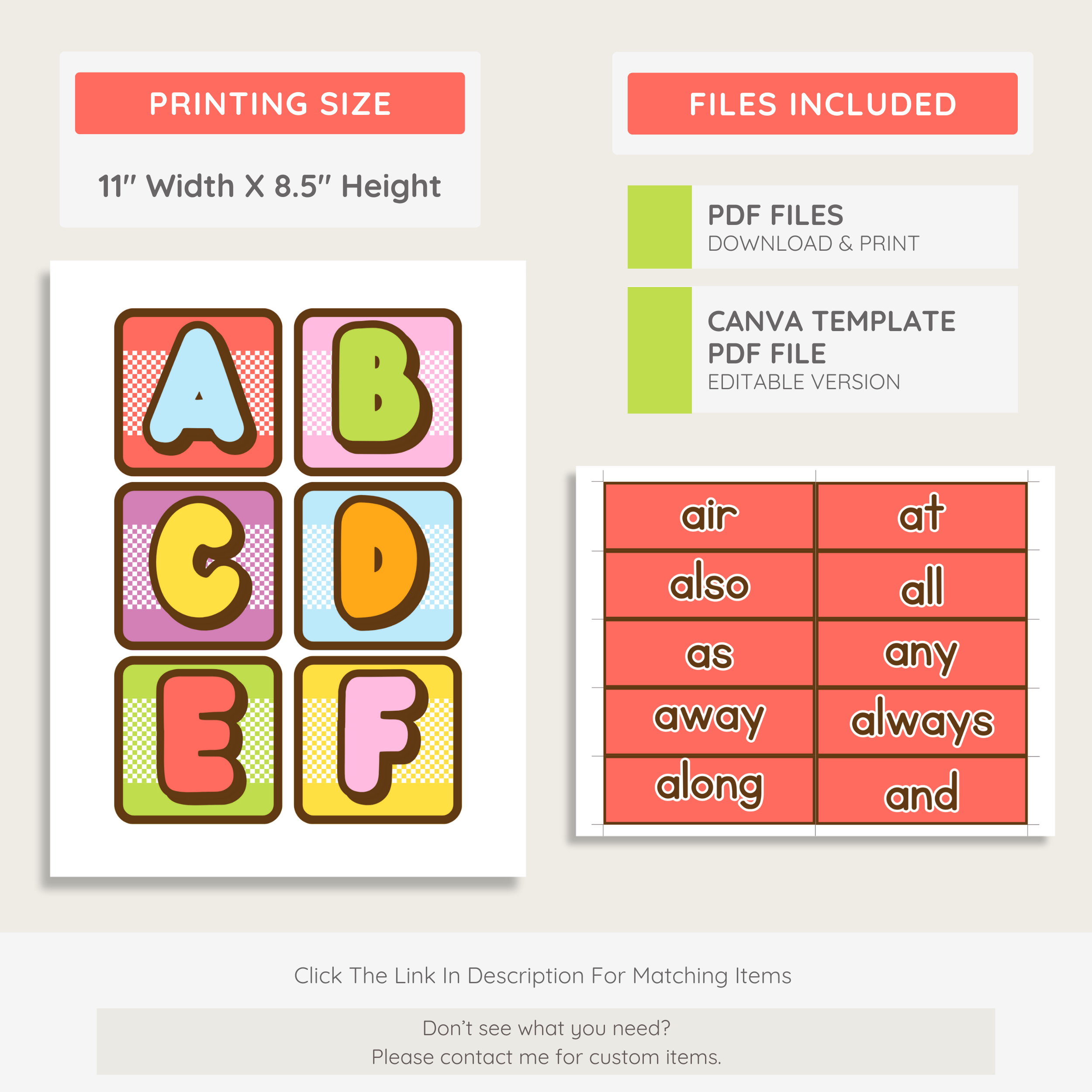 Word Wall Printable Display Kit: Sight Word Literacy, Farmer's Market Decor Theme, Editable Canva Template (Digital Download)