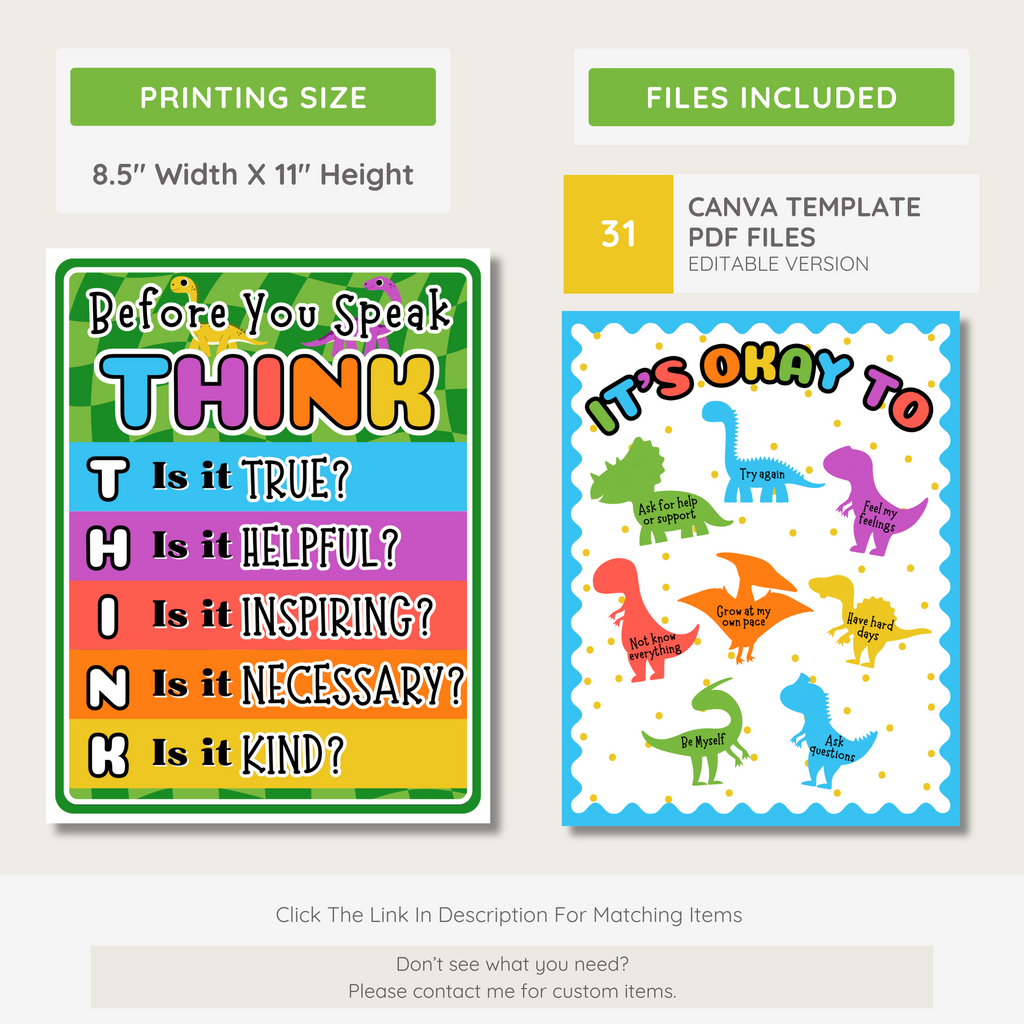 Dinosaur Classroom Decor Set: Editable Teacher Organization (Canva Template Digital Download), Bright Bold Dino Theme