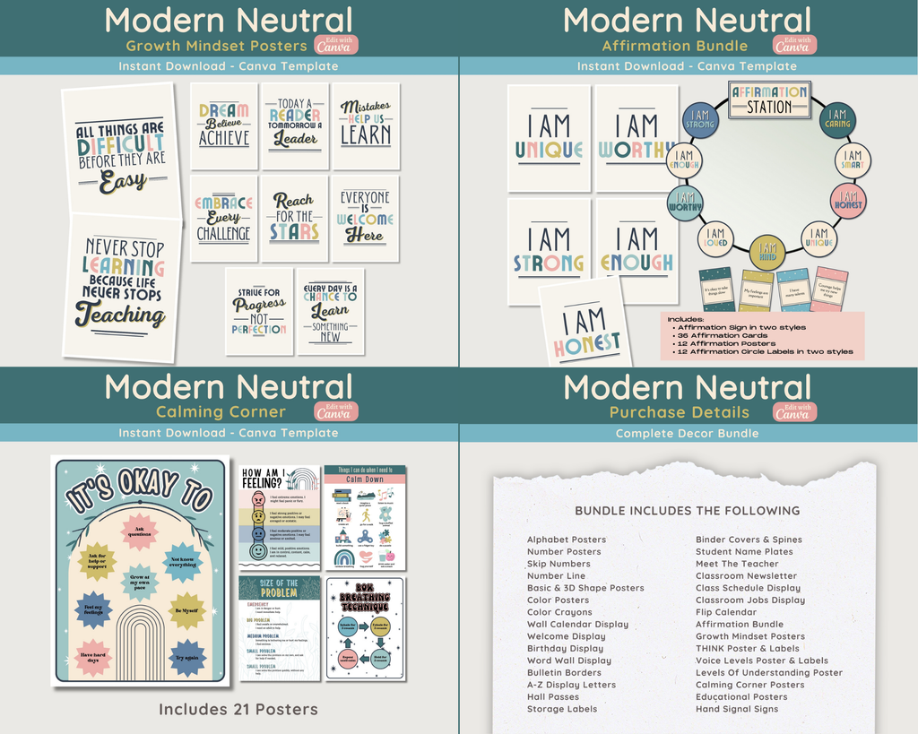 Neutral Simplistic Classroom Decor Bundle: Modern Printable Collection (Canva Template)