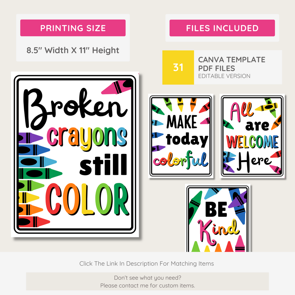 Rainbow Crayon Classroom Decor Bundle: Editable Teacher Templates (Canva, Instant Download), Bright Crayon Theme