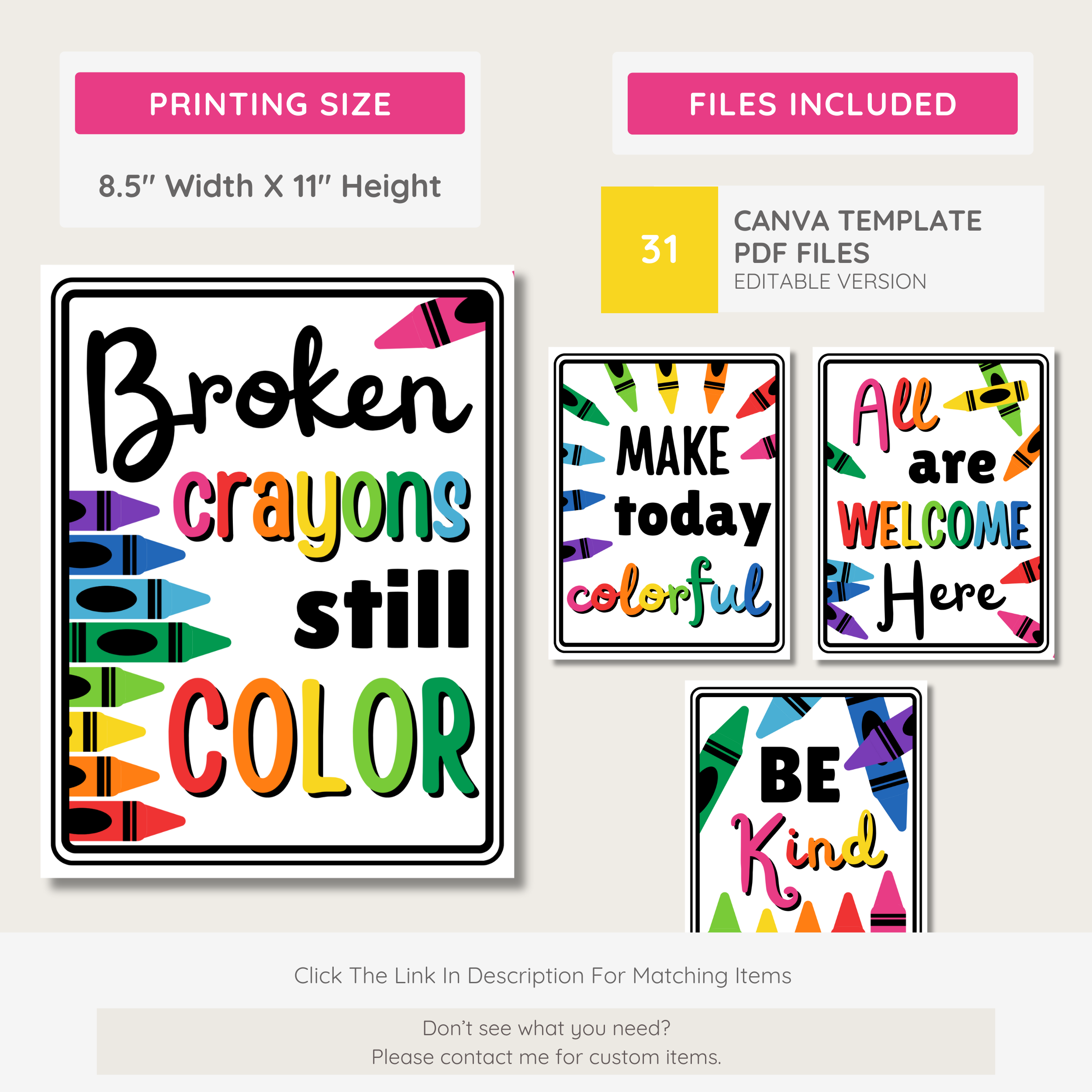 Rainbow Crayon Classroom Decor Bundle: Editable Teacher Templates (Canva, Instant Download), Bright Crayon Theme