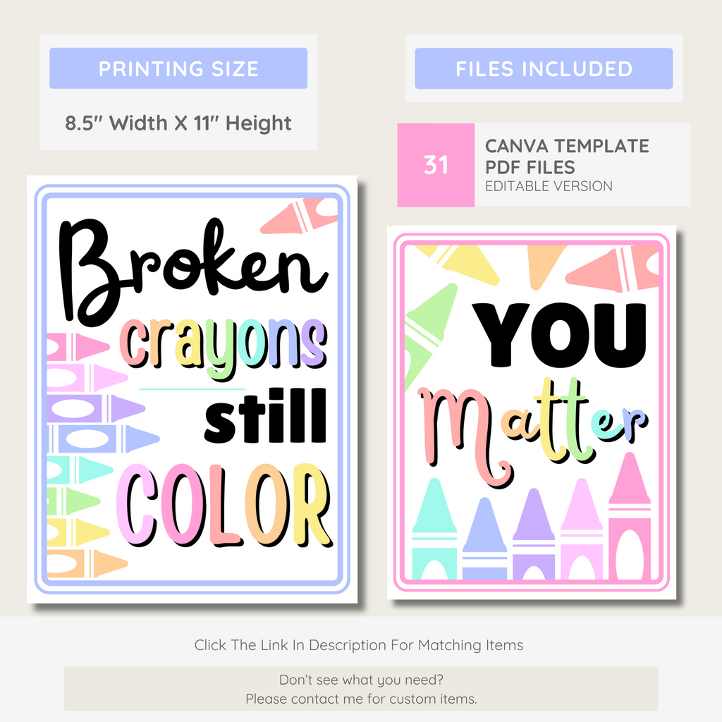 Pastel Rainbow Crayon Classroom Decor Kit: Editable Teacher Theme (Canva Template Digital Download), Printable Teacher Decor