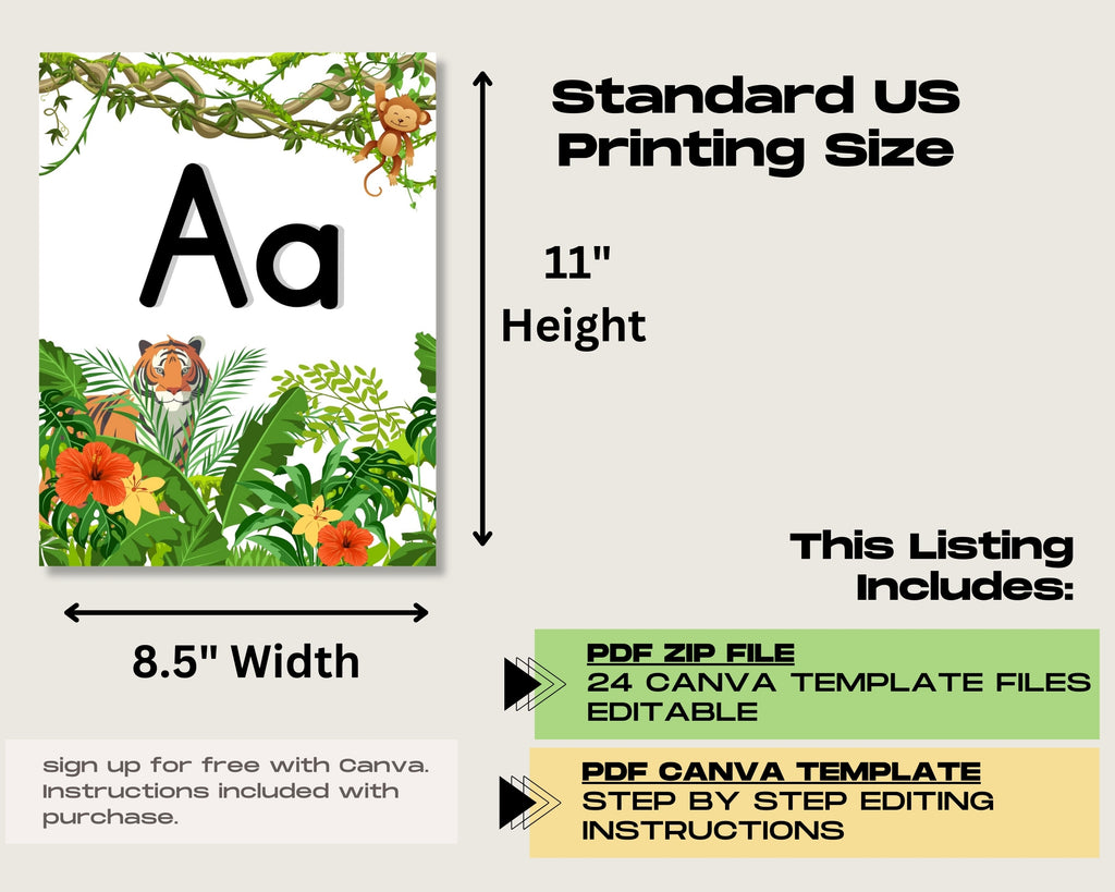 Jungle Animals Classroom Decor Bundle Theme: Printable Editable Canva Templates, Digital Download