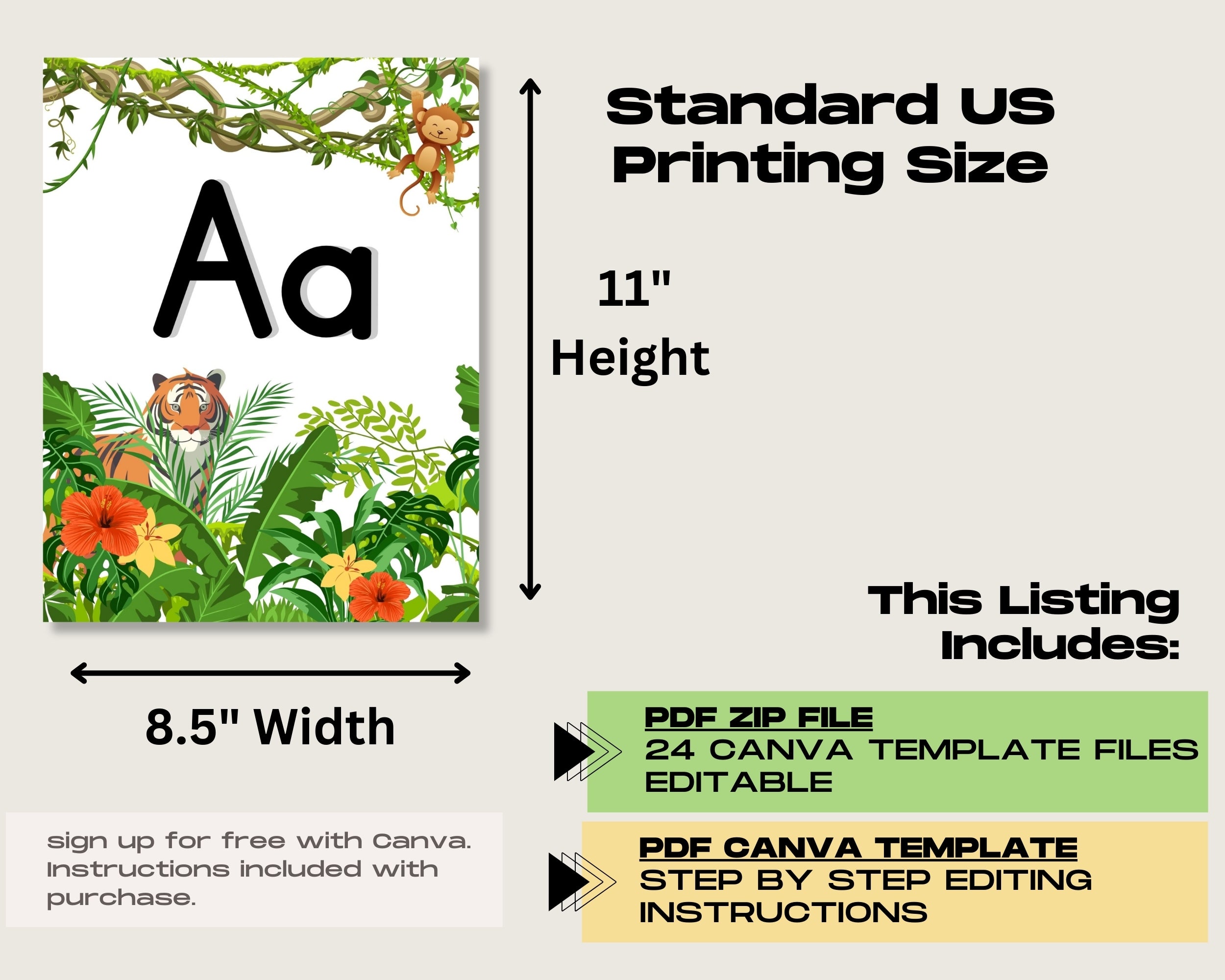 Jungle Animals Classroom Decor Bundle Theme: Printable Editable Canva Templates, Digital Download