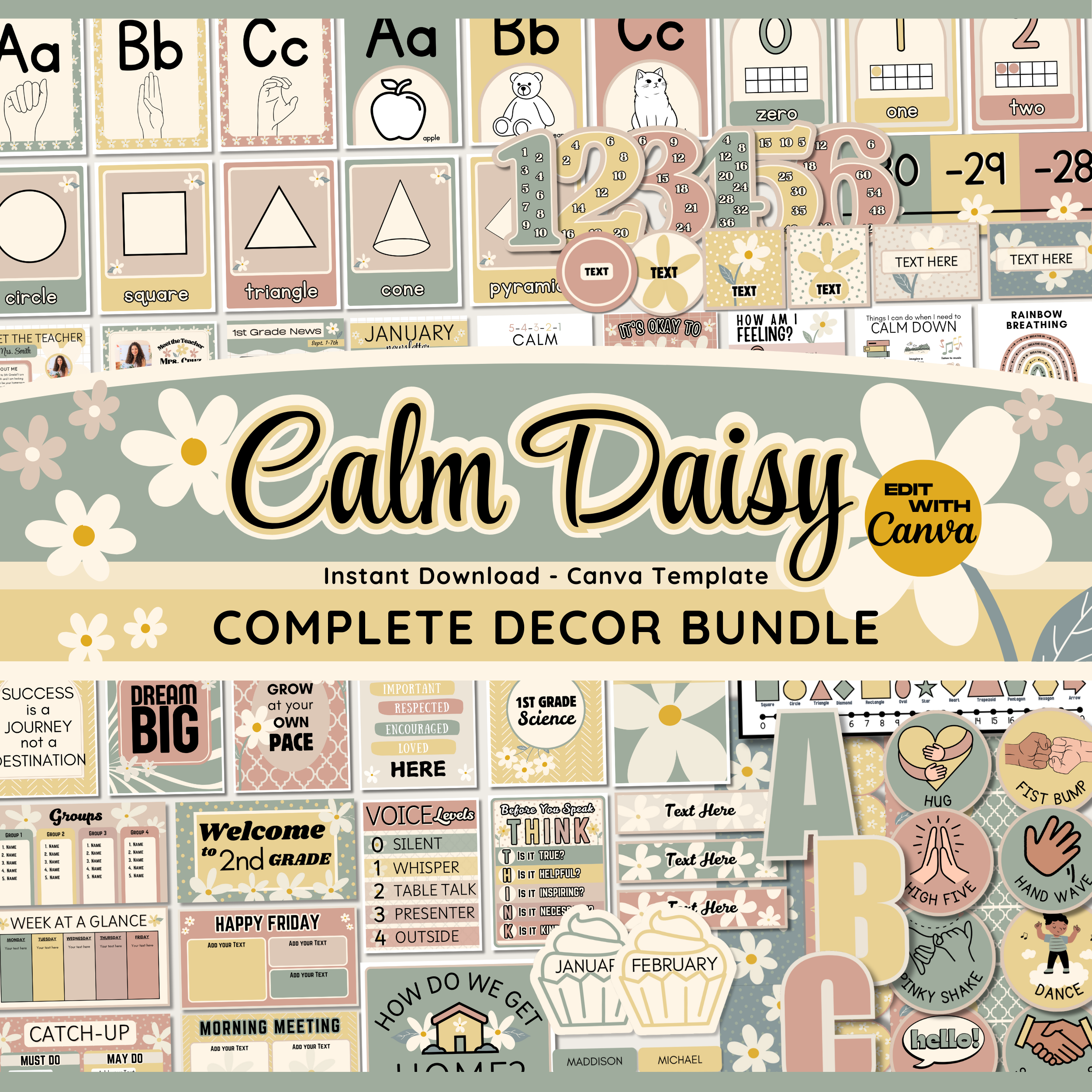Calm Daisy Classroom Decor Bundle, Classroom Management and Organization Resources, Bulletin Board Display Kit, Neutral Daisy Flower Classroom Theme